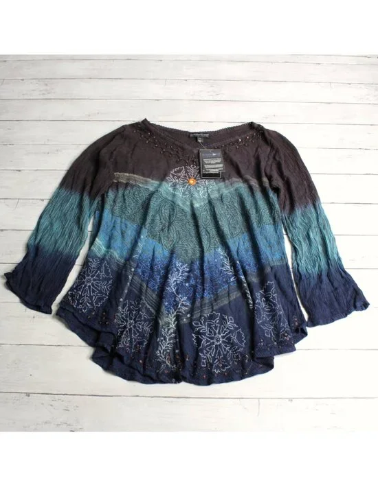 Greater Good Women's Bohemian Tunic Top Size S M Beaded Tie Dye 3/4 Sleeve - Picture 1 of 5